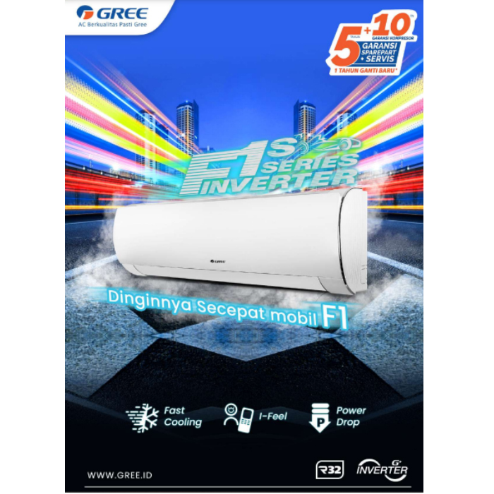 Gree AC Split ( AC Dinding ) Inverter F1 Series 2 PK R32 1400 Watt - GWC-18F1 | GWC18F1S | 18F1 